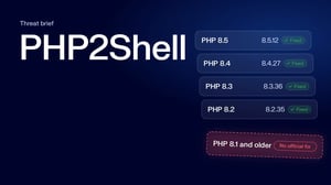 PHP2Shell threat brief cover. Fixed versions PHP 8.5, 8.4, 8.3 and 8.2 are marked fixed; PHP 8.1 and older is flagged with no official fix.