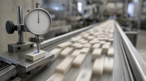 Low view along a production line: a precision dial gauge measures one blue-marked block while hundreds more stream past in motion blur, one case checked against a standard while production continues.
