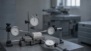 Four precision dial gauges converge on a single blue-marked block on a granite metrology bench. Three needles rest at zero against blank faces; the fourth is deflected where the blue mark sits, three dimensions quiet and one carrying the evidence.