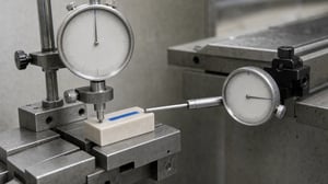 Macro view of two industrial dial gauges mounted side by side on a cream panel, one instrument measuring the output of the other. Blue needles rest at different positions on unlabelled scales.