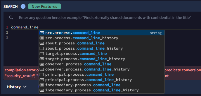 Screenshot of Google SecOps search interface showing autocomplete suggestions for command_line fields, including src.process.command_line, target.process.command_line, and others used in YARA-L queries.