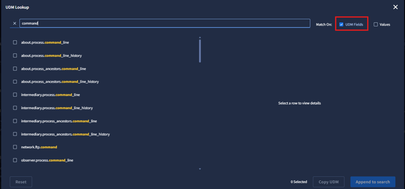 Screenshot of the UDM Lookup tool in Google SecOps showing a search for “command” with the “UDM Fields” filter enabled to display available command_line field options.