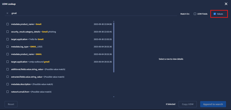 Screenshot of the UDM Lookup tool in Google SecOps showing a search for “command” with the “Values” filter enabled to display available command_line field options.
