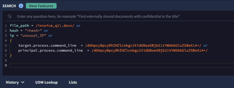 Screenshot of a simplified YARA-L query in Google SecOps using grouped fields (file_path, hash, ip) and command line indicators to identify anomalous activity across environment logs.