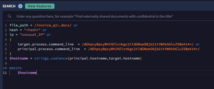 Screenshot of a Google SecOps YARA-L query using grouped fields and a <code>strings.coalesce</code> function to aggregate results by hostname, identifying all potentially impacted systems.