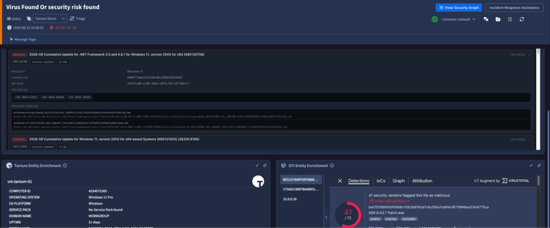 A Google SecOps alert titled Virus Found Or security risk found, with an embedded Tanium panel listing three critical outstanding Windows updates and their associated CVE identifiers, alongside Tanium and Google Threat Intelligence enrichment panels.