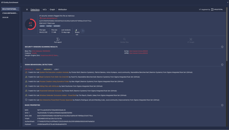 The Google Threat Intelligence enrichment panel inside a Google SecOps alert, showing intelligence context attached automatically to the indicator.