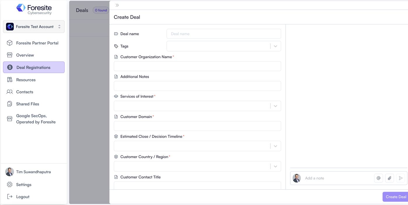 The Create Deal form, showing Deal name, Tags, Customer Organization Name, Additional Notes, Services of Interest, Customer Domain, Estimated Close and Customer Country fields