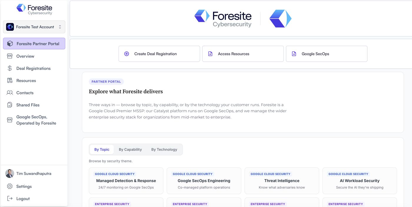 The partner portal home screen after signing in, showing the left-hand menu, action buttons and the Explore what Foresite delivers panel