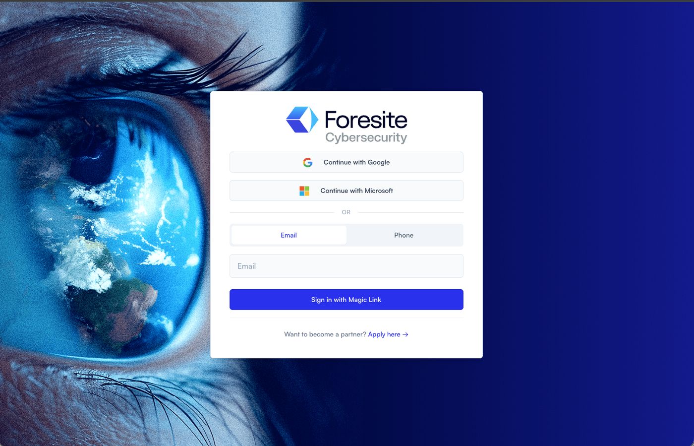 The Foresite partner portal sign-in screen, showing Continue with Google, Continue with Microsoft, and a magic-link email field