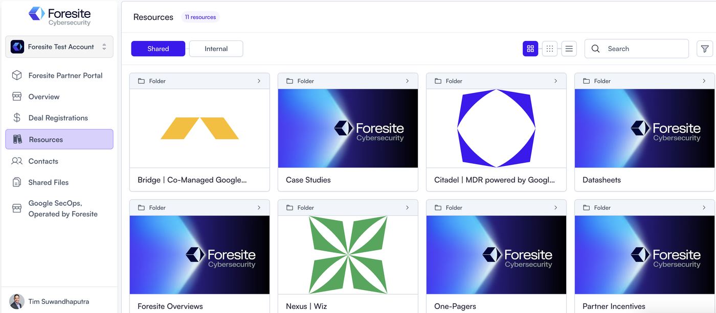 The Resources library showing folder tiles for Bridge, Case Studies, Citadel, Datasheets, Foresite Overviews, Nexus, One-Pagers and Partner Incentives